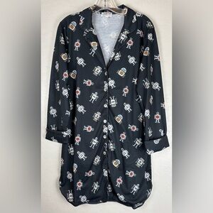 NEW ModCloth Sleep‎ Shirt Long Sleeve Nightgown Button Front S Navy Robots 1333
